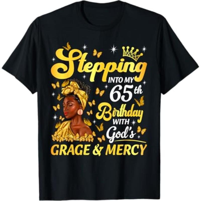 [Graphic Tees] Cotton  Stepping Into My 65th Birthday Afro Woman Religious Birthday T-Shirt Hoodie, Sweatshirt
