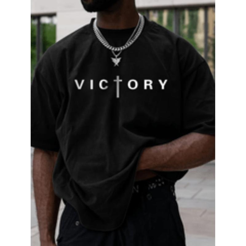 [Graphic Tees] Cotton 1pc mens casual cotton t shirt with victory print crew neck   stretch   knit fabric regular   tee...