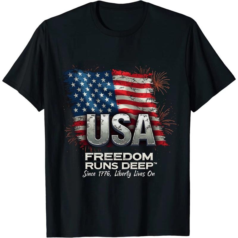 [Graphic Tees] Cotton Charming Independence Day USA T - Shirt With American Flag Tribute