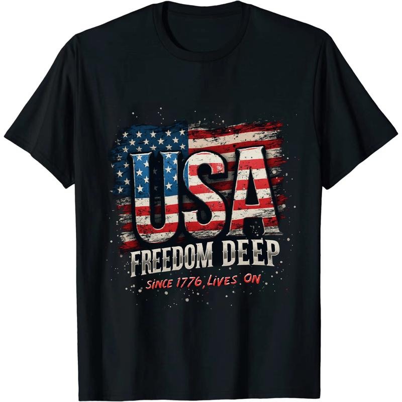 [Graphic Tees] Cotton Hip Independence Day USA T Shirt With Patriotic American Flag Print
