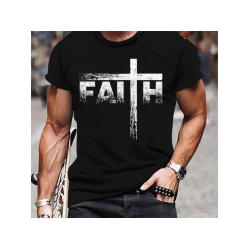[Graphic Tees] Cotton Men's Faith Print T-shirt, Casual Short Sleeve Crew Neck Tee, Men's Clothing For Outdoor Hoodie,...