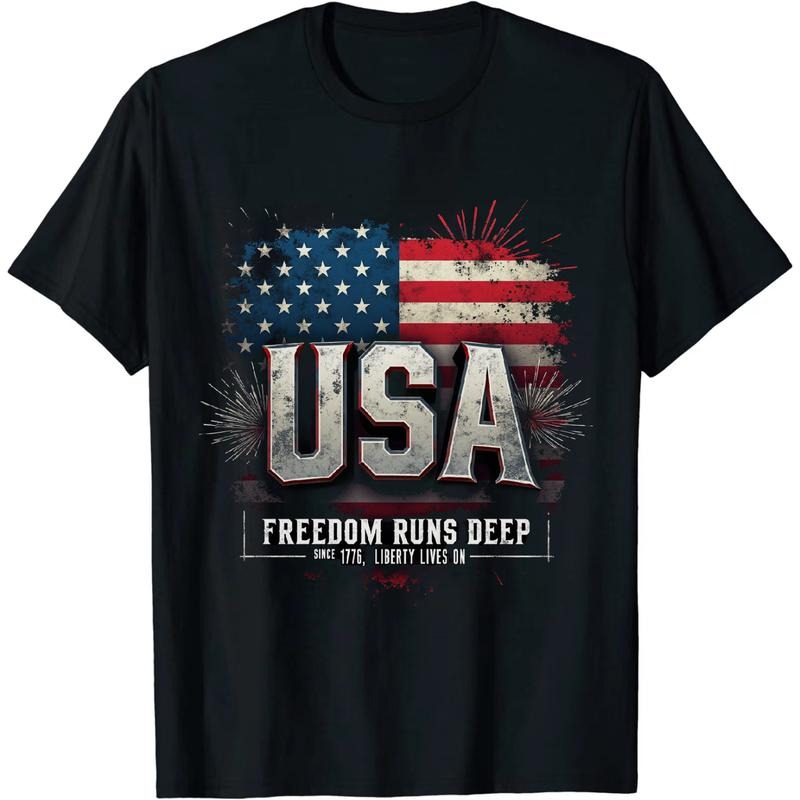 [Graphic Tees] Cotton Mesmerizing Independence Day USA T - Shirt With American Flag Art