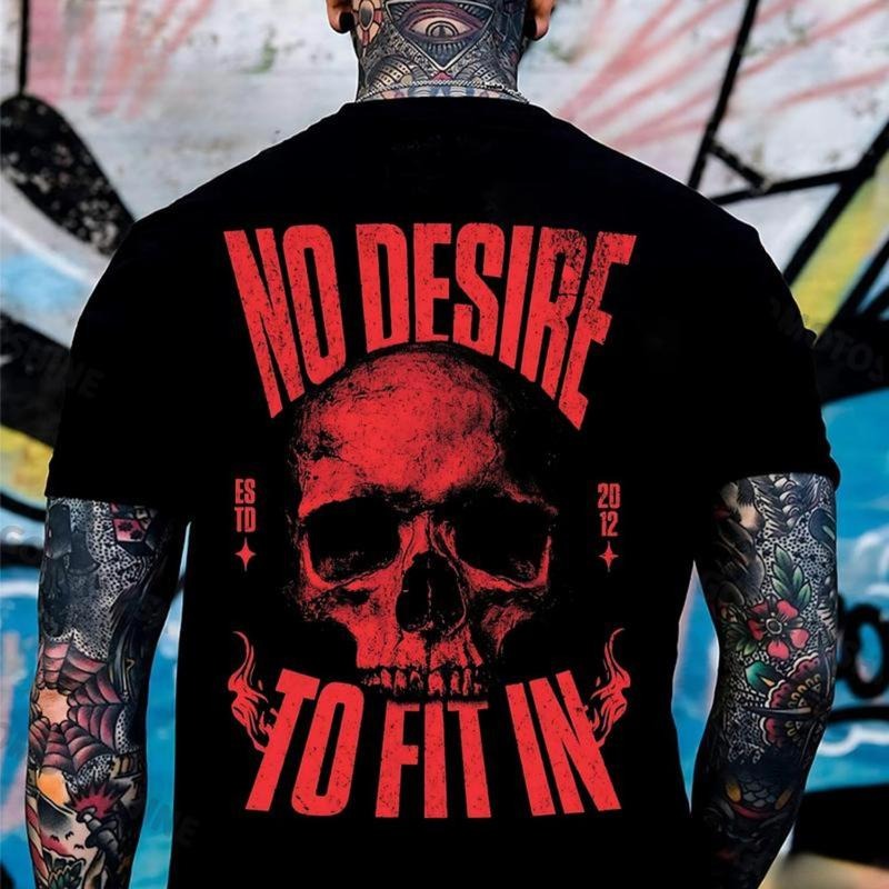 [Graphic Tees] Cotton NO DESIRE TO FIT IN Skull Print Men's T-Shirt, Top Menswear, Cotton Tee Shirt Casual Streetwear...