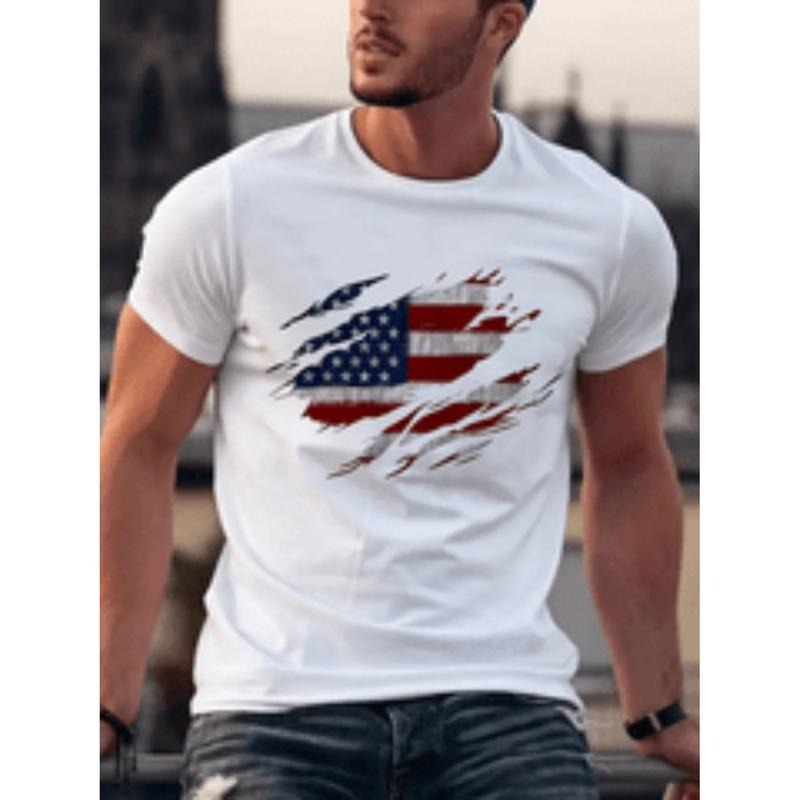 [Graphic Tees] Cotton a mens   exquisite pattern printed t shirt with american flag print round neck   pure cotton short sleeved t shirt trendy pattern t shirt printed t shirt high end pure cotton t shirt white