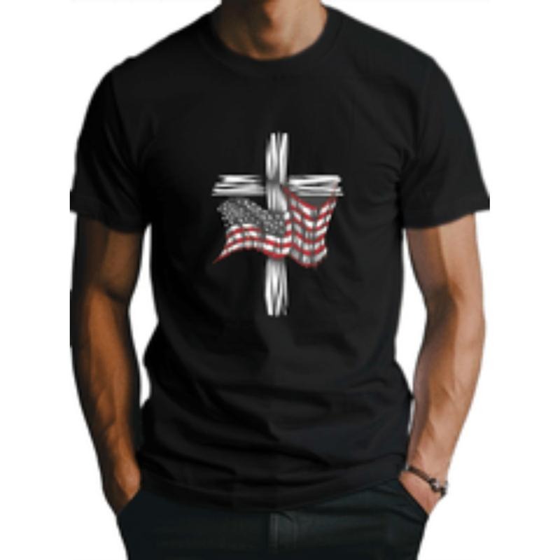 [Graphic Tees] Cotton american flag and cross print tee shirt tees for men casual short sleeve t shirt for summer khaki Menswear Top