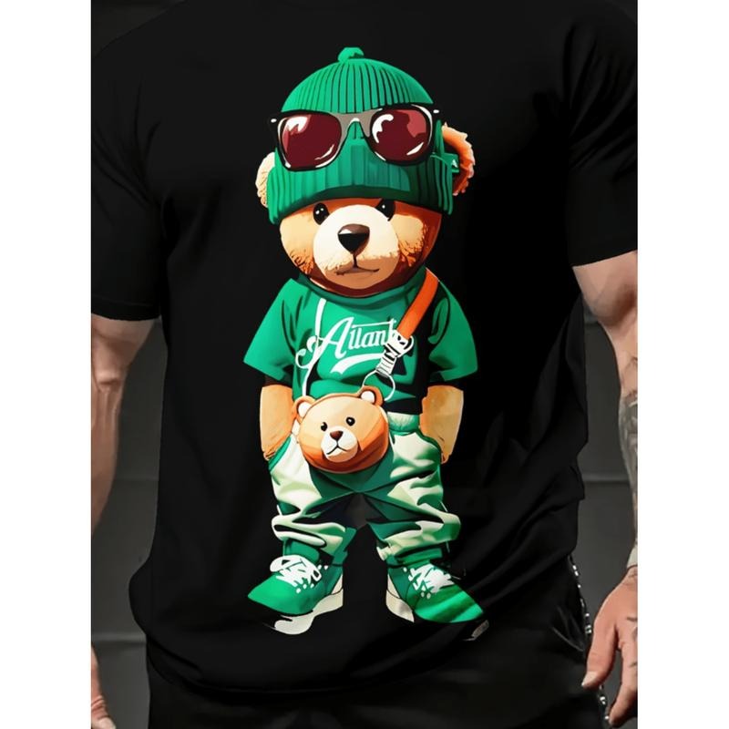 [Graphic Tees] Cotton casual cool mens summer fashion casual comfy with quirky bear short sleeve round neck in black...