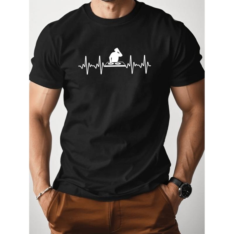 [Graphic Tees] Cotton dj music men s relaxed fit cotton t-shirt with & graphic print - black casual crew neck tee for...