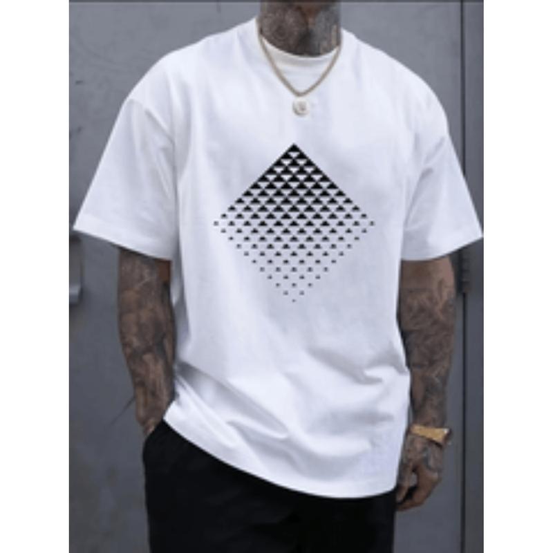 [Graphic Tees] Cotton mens 100 cotton geometric print t shirt stylish round neck short sleeve   for casual attire white...