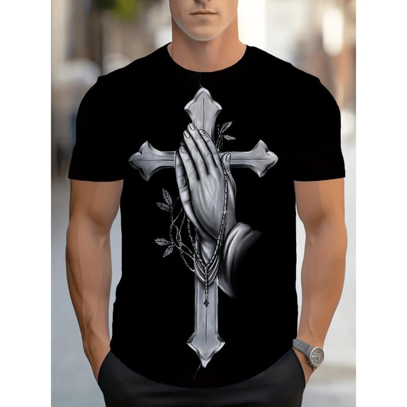 [Graphic Tees] Cotton mens sports crew neck t shirt with cross and prayer hand pattern 95   spandex micro stretch fabric...