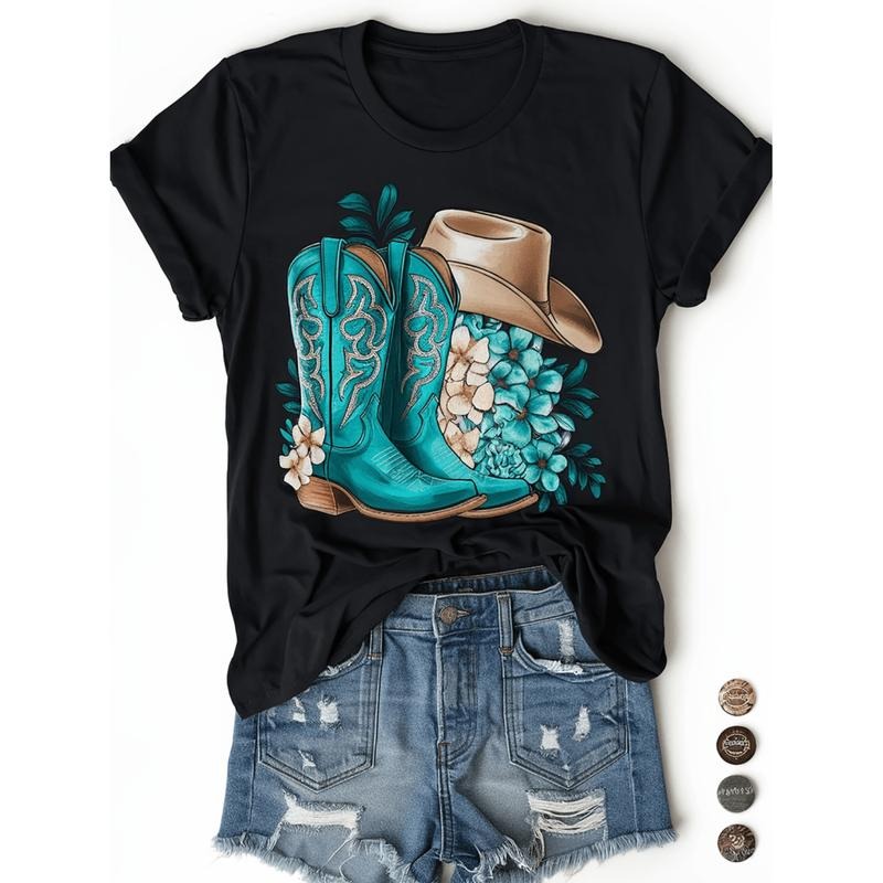 [Graphic Tees] Cotton new arrival spring summer womens comfortable pattern print black washed t shirt loose round neck...