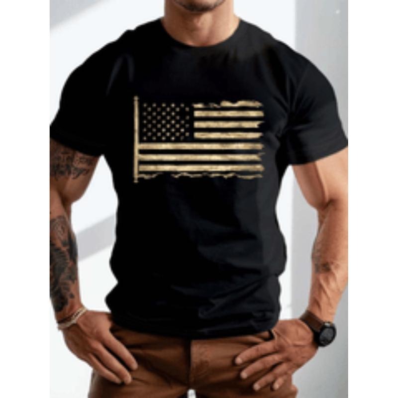 [Graphic Tees] Cotton plus size mens summer t shirt   and distressed flag graphic print short sleeve tees trend casual  ...