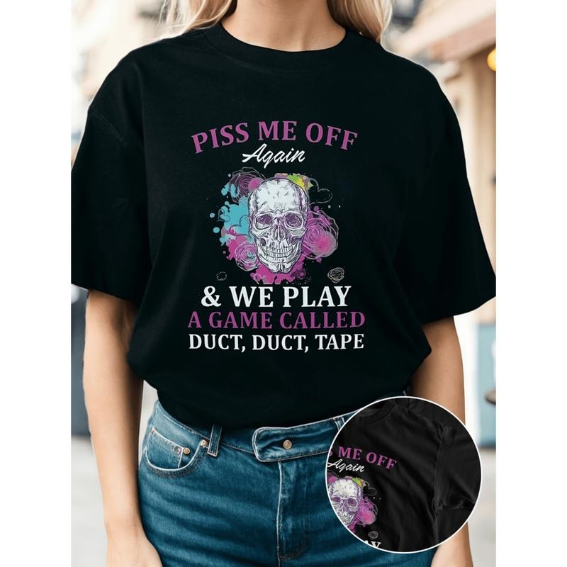 [Graphic Tees] Cotton skull letter print crew neck t shirt casual short sleeve comfortable breathable t shirt for spring...