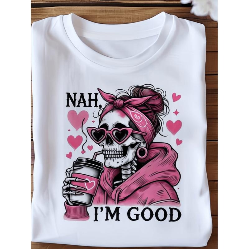 [Graphic Tees] Cotton womens t shirt with skeleton   crew neck short sleeve knit fabric medium stretch regular fit nah im...