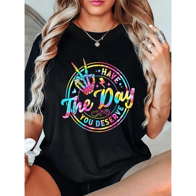 [Graphic Tees] Cotton womens vibrant tie dye print graphic tee   skull   black short sleeve t shirt   fit machine...