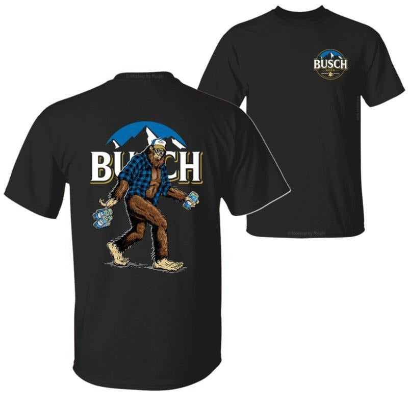 Graphic Tees Bigfoot Regular Bush Beer T-Shirt, Sasquatch Holding Regular Bush Beer Cans 2 Sided Graphic Printed Unisex...