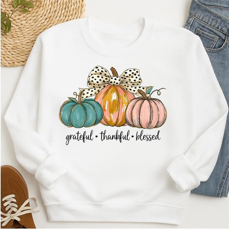 Grateful Thankful Blessed Sweatshirt, Cozy Fall Pumpkin Crewneck, Rustic Thanksgiving Sweater, Autumn Harvest Pullover,...