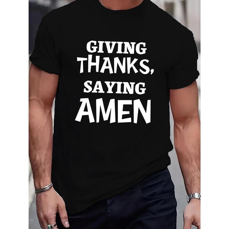 Grateful Thanks Saying Amen Letter Print Men's Short Sleeve Crew Neck T-Shirts, Comfy Casual Breathable Slightly Stretch...