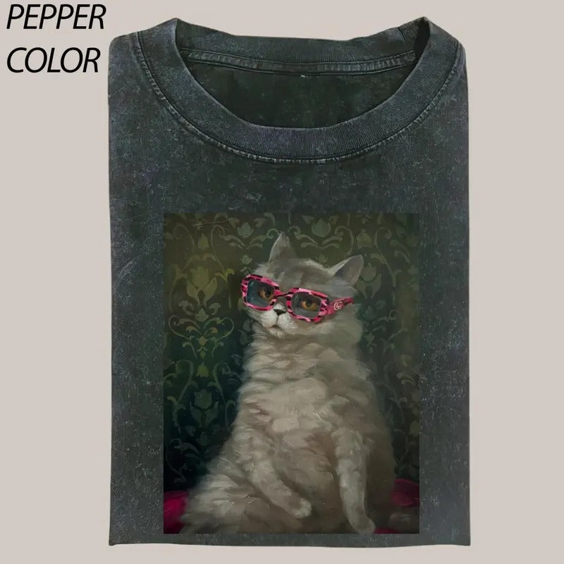 Gray Cat wearng Red shades, Love Cats Vintage Graphic Tee, Cat Lover T-shirt, Cat meme gift, meme shirts, Gift For him...