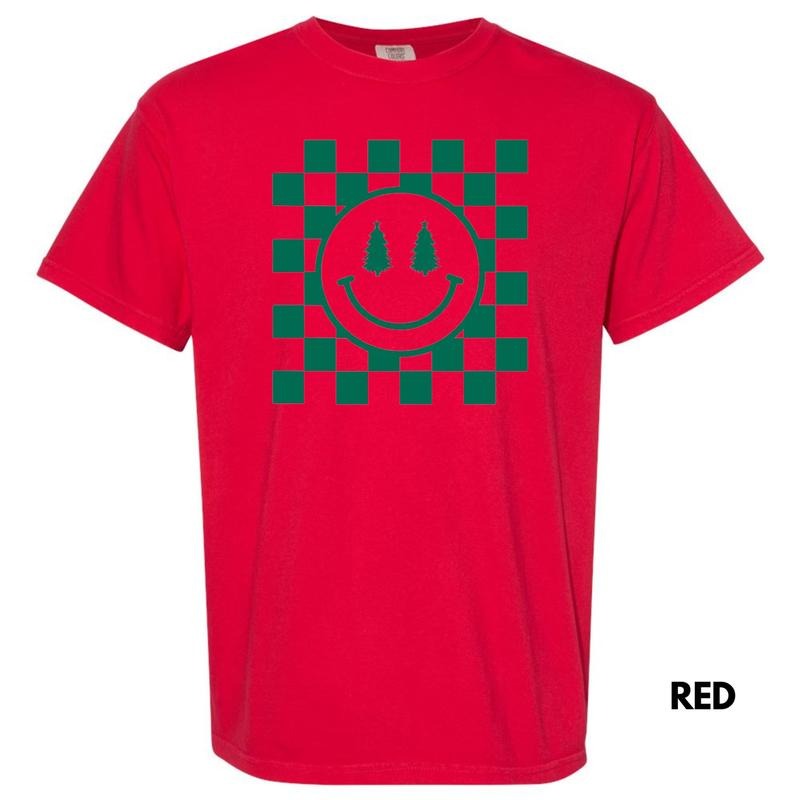 Green Checkered Christmas Tree Happy Face Comfort Colors T-Shirt Hoodie, Sweatshirt | HypeDripTees.com