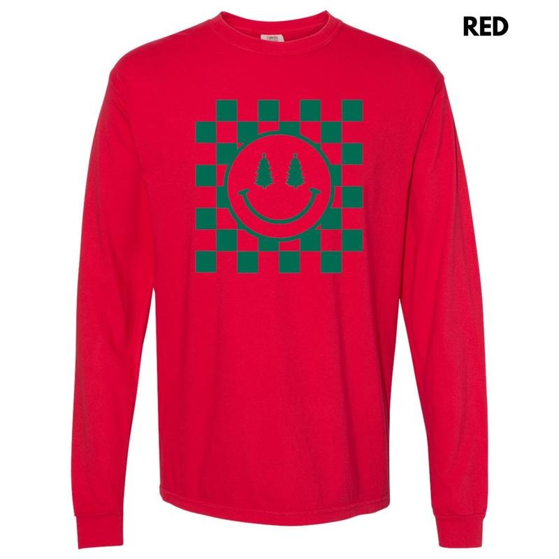 Green Checkered Christmas Tree Happy Face Long Sleeve Comfort Colors T-Shirt Hoodie, Sweatshirt | HypeDripTees.com