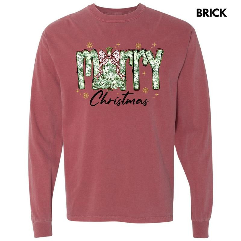 Green Floral Merry Christmas Long Sleeve Comfort Colors T-Shirt 'NLB' Hoodie, Sweatshirt | HypeDripTees.com