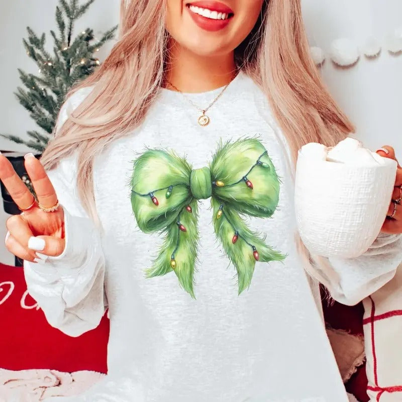 Green Fur Christmas Lights Bow Graphic Tee - Christmas Coquette Shirt - Cozy Season - Festive Bows