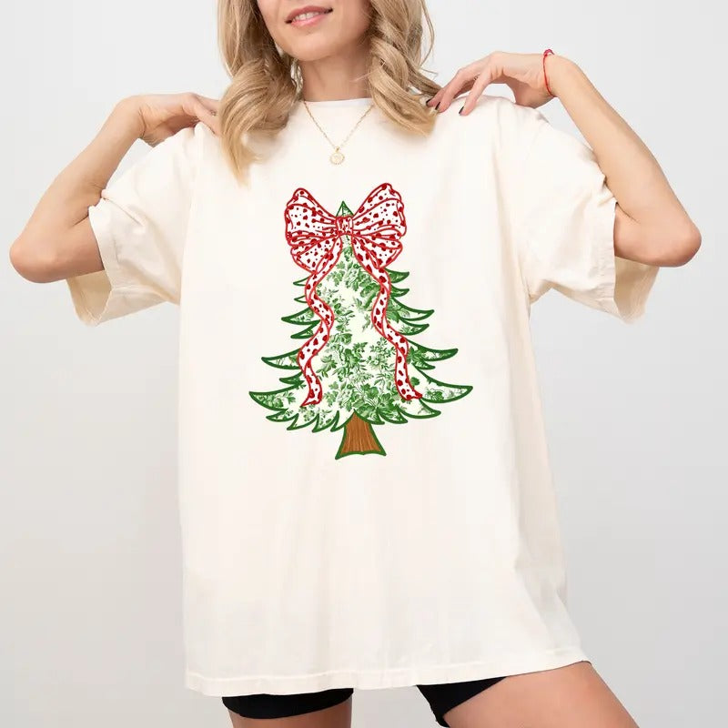 Green Grandmillennial Christmas Tree Comfort Colors Shirt, Christmas Tree Tee, Coquette Bow Christmas Unhinged Tees,...