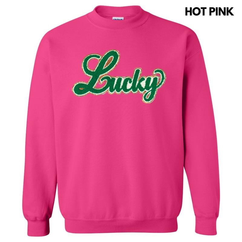 Green LUCKY Chenille Patch Sweatshirt T-Shirts, Hoodie | HypeDripTees.com