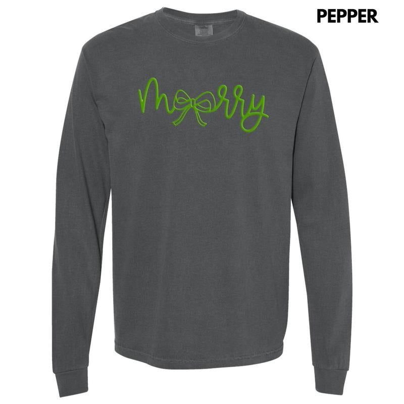 Green Merry Bow PUFF Long Sleeve Comfort Colors T-Shirt Hoodie, Sweatshirt | HypeDripTees.com