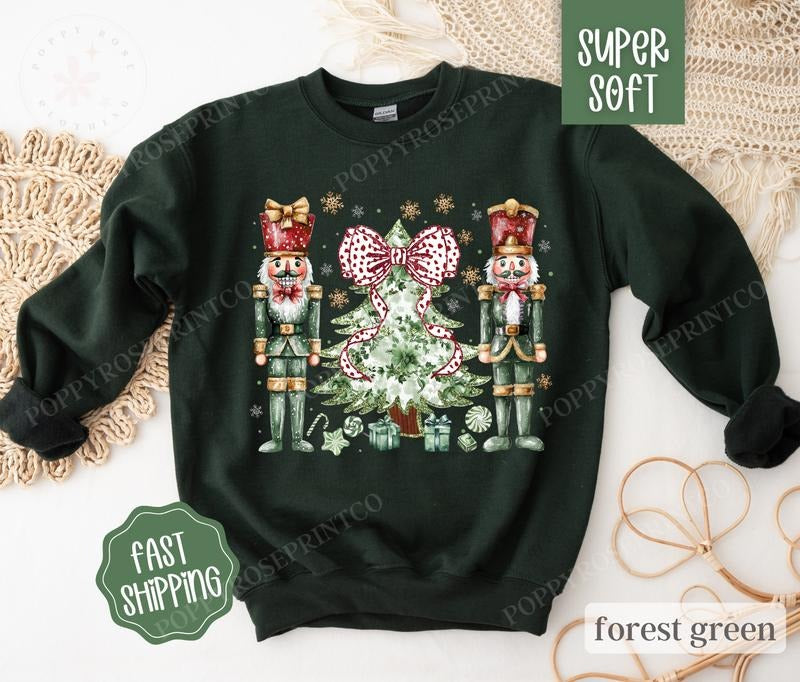 Green Nutcracker Sweatshirt, Coquette Christmas Sweater, Women's Holiday Crewneck T-Shirts, Hoodie | HypeDripTees.com