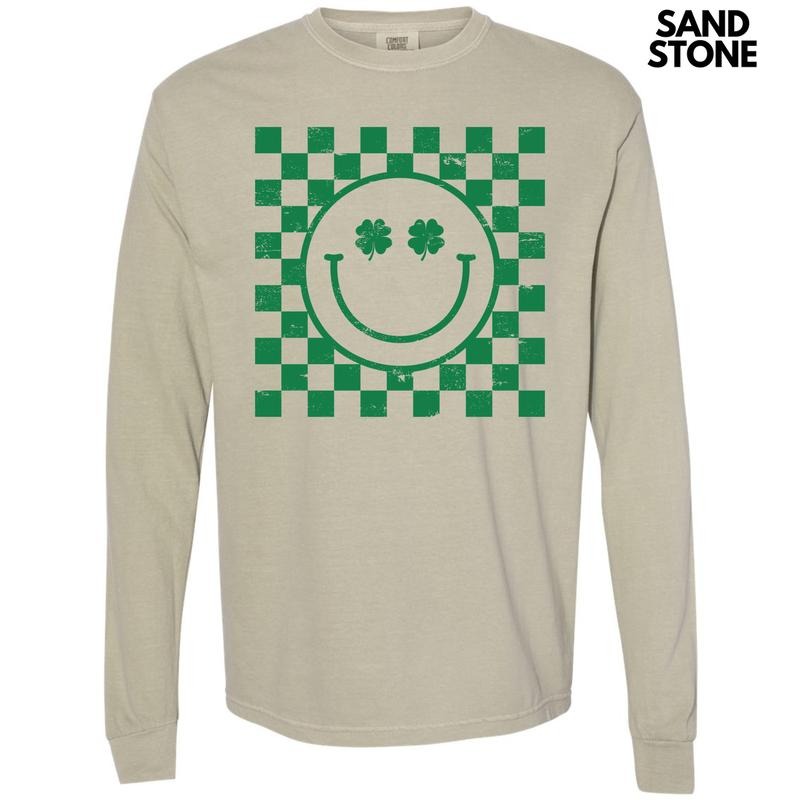 Green Shamrock Checker Happy Face Long Sleeve Comfort Colors T-Shirt 'NLB' Hoodie, Sweatshirt | HypeDripTees.com