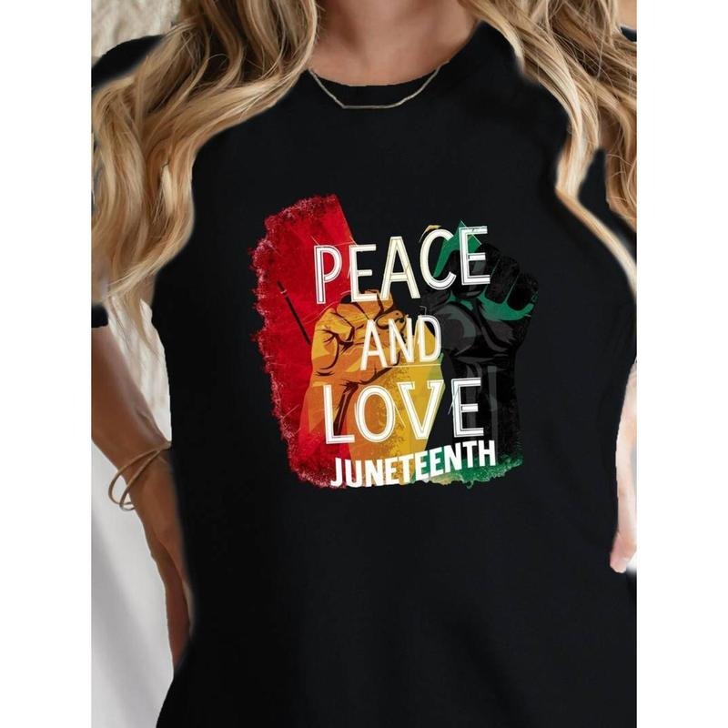 [Juneteenth T-Shirt] Juneteenth Graphic Women's T-Shirt | Black Casual Short Sleeve Top with Peace & Love Design, Raised...