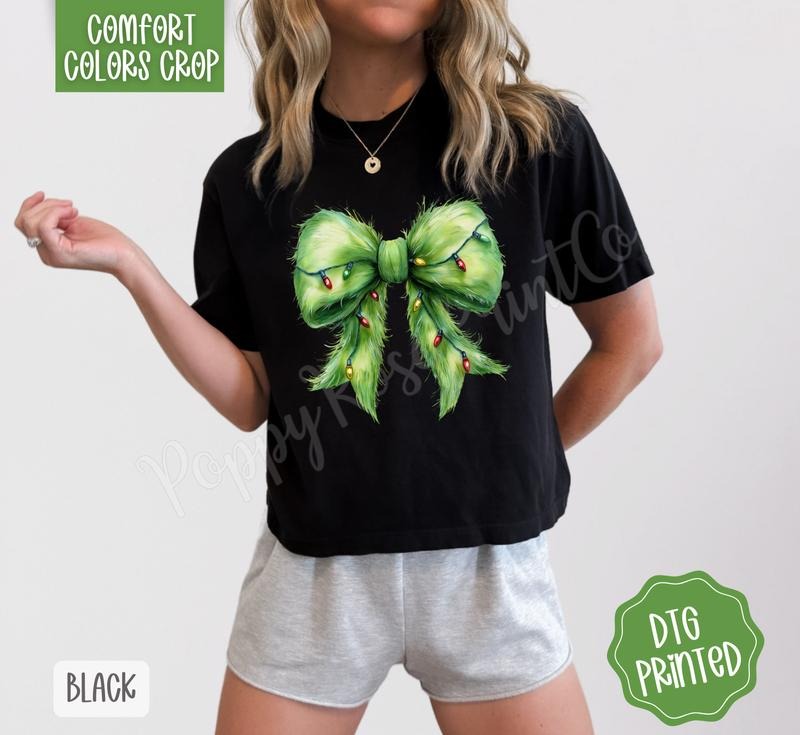 Grinchy Bow Cropped Comfort Colors Tee, Trendy Christmas Tshirt for Women Hoodie, Sweatshirt | HypeDripTees.com