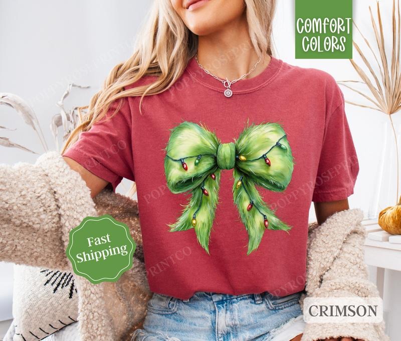 Grinchy Bow Shirt Comfort Colors Holiday Tshirt, Green Fur Bow Women's Holiday Tee christmas shirt Hoodie, Sweatshirt