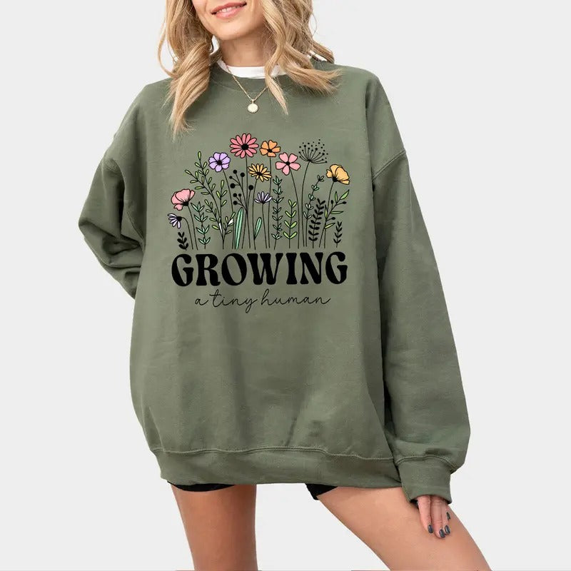 Growing A Tiny Human Pregnancy Announcement Shirt, Spring Flower Baby Reveal Maternity TShirt, Funny Mother Shirt Gift,...