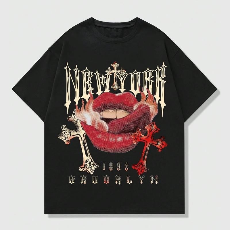 Grunge Punk Cross Lips Y2k Graphic Print T-Shirt Top Tee Streetwear Oversized Hoodie, Sweatshirt | HypeDripTees.com
