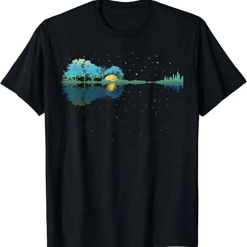 Guitar Lake Reflections Night Sky and Moon Guitar T-Shirt | Unisex Cotton Tee, Short Sleeve, Crewneck, Size S-5XL Hoodie,...