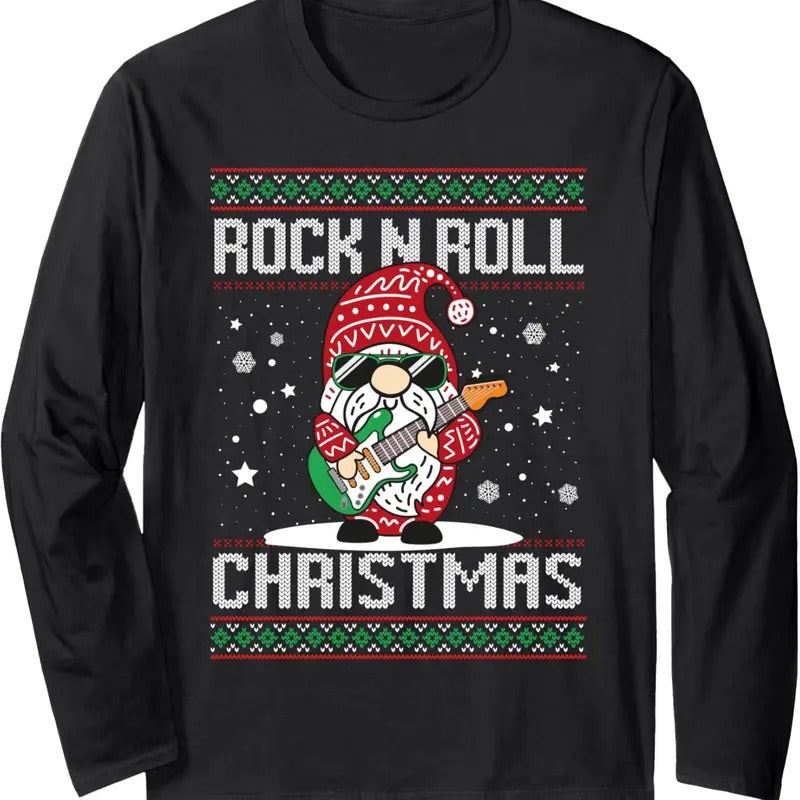 Guitarist Santa Gnome Guitar Rock n Roll Xmas Ugly Christmas Long Sleeve T-Shirt Hoodie, Sweatshirt | HypeDripTees.com