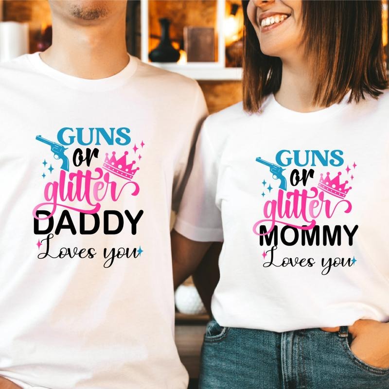 Guns or Glitter Mommy Loves You T-Shirt, New Daddy To Be Tee, Matching Gender Reveal Party Tee, Baby Announcement Shirt....