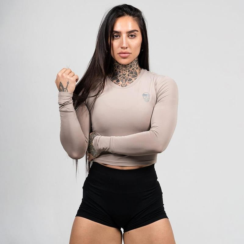 Gymreapers Women's Performance Long Sleeve Shirt - Taupe, Moisture-Wicking, Quick-Drying, 4-Way Stretch, Summer Hoodie,...
