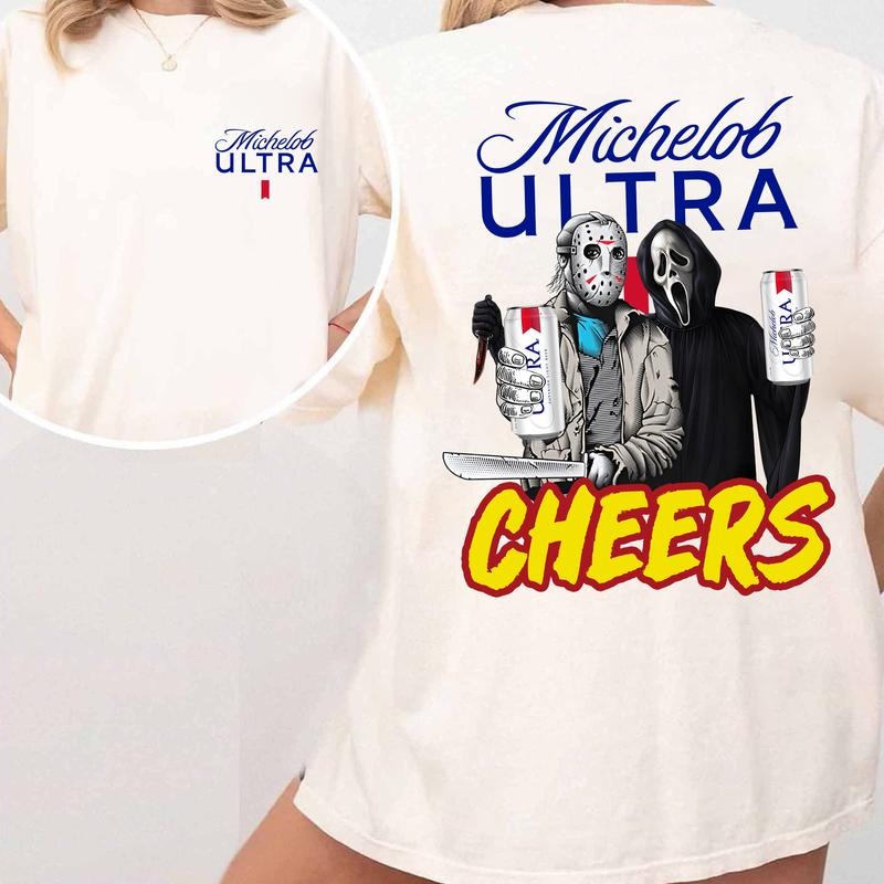 H0rr0 Character Bee.r Cheer.s Halloween Shirt, Gh0st Face Shirts, Scary Movie Shirts Hoodie, Sweatshirt | HypeDripTees.com