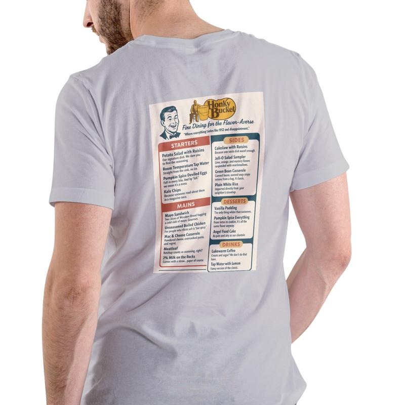 HONK BUCKET Menu T Shirt Unisex Cotton Graphic Tee with Detailed Menu Design on Back Hoodie, Sweatshirt | HypeDripTees.com