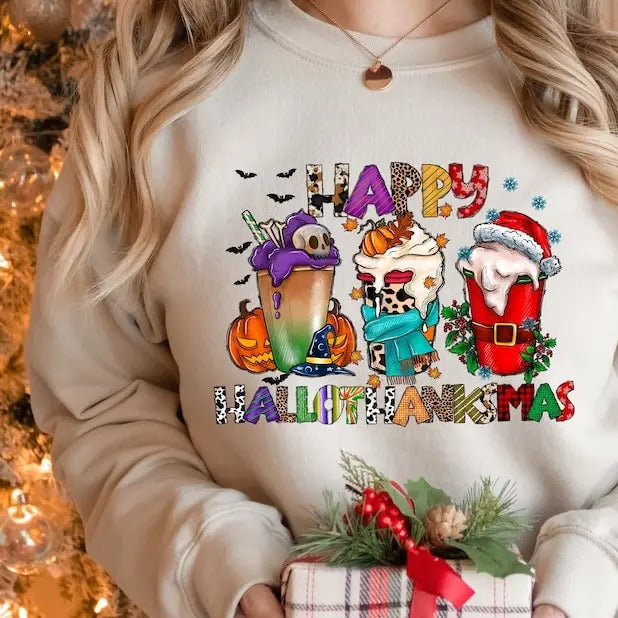 HalloThanksMas Sweatshirt, Holiday Season Shirt, Holiday Gnome Shirt, Halloween Sweatshirt, Thanksgiving Sweatshirt,...