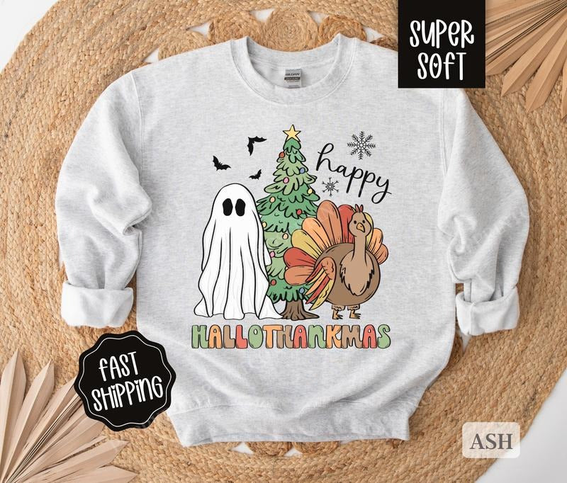 Hallothankmas Sweatshirt, Halloween Thanksgiving Christmas Sweater,  Halloween Sweatshirt, Women's Holiday Crewneck...