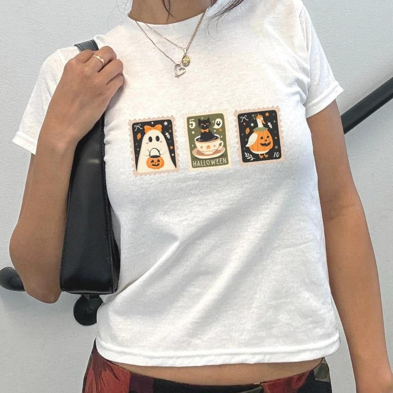 Halloween Baby Tee 90s y2k baby Tee Vintage Baby Tee Halloween Stamp Shirt Spooky Season Shirt Fall Baby Tee Cute Baby...