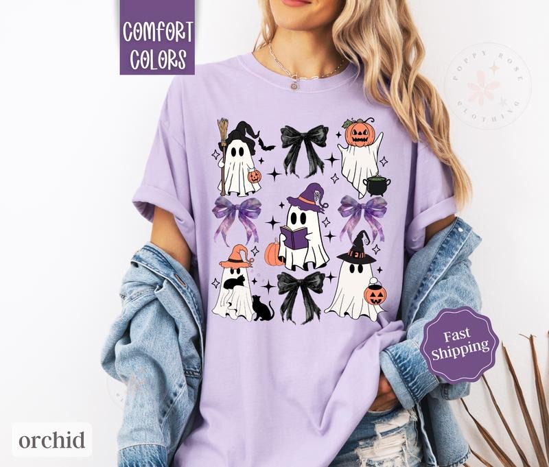 Halloween Bow Shirt Comfort Colors Ghost Fall Womenswear Halloween Shirt T-Shirts, Hoodie, Sweatshirt