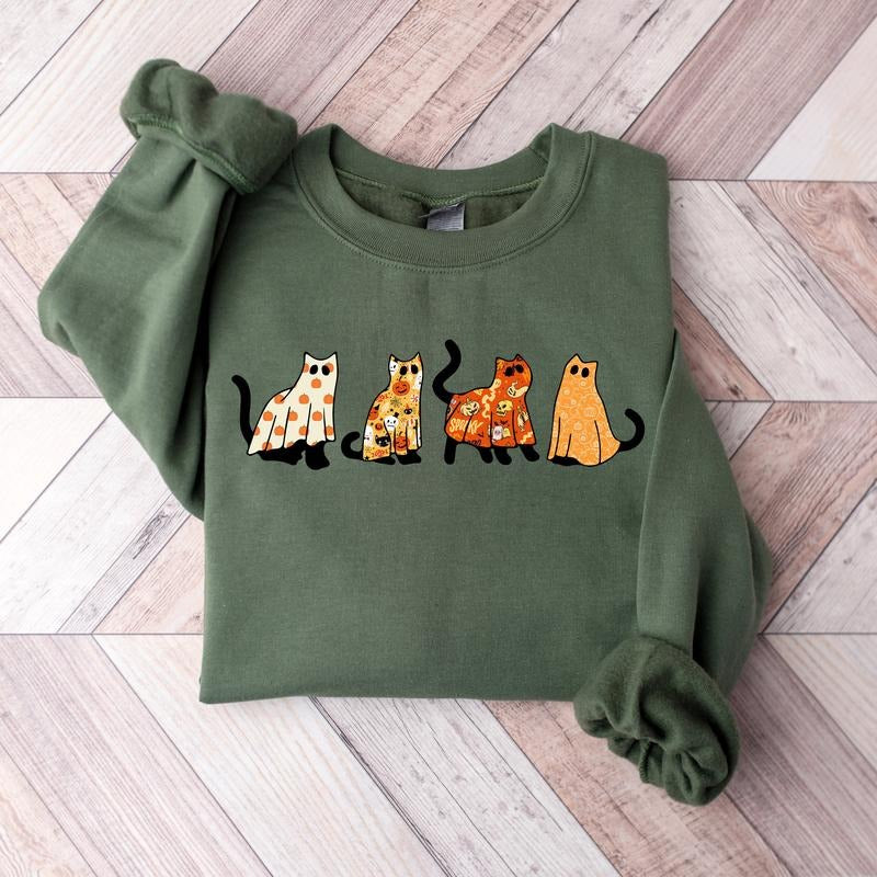 Halloween Cat Sweatshirt, Halloween Ghost Sweatshirt, Halloween Shirt, Cat Lover Shirt, Black Cat Shirt, Spooky Season Hoodie