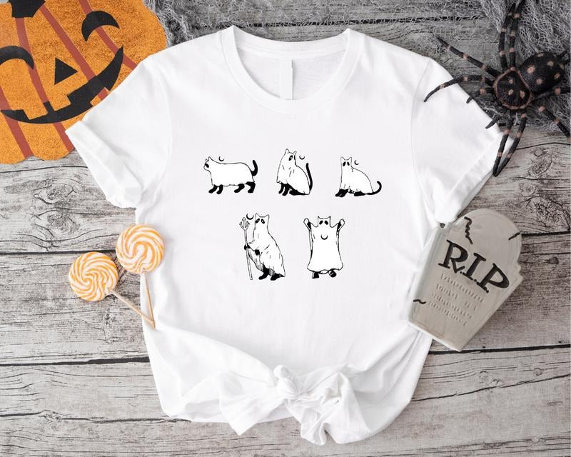 Halloween Cat T-Shirt, Funny Ghost Halloween Shirt, Cat Lover Gift Tee, Spooky Season Tee Hoodie, Sweatshirt