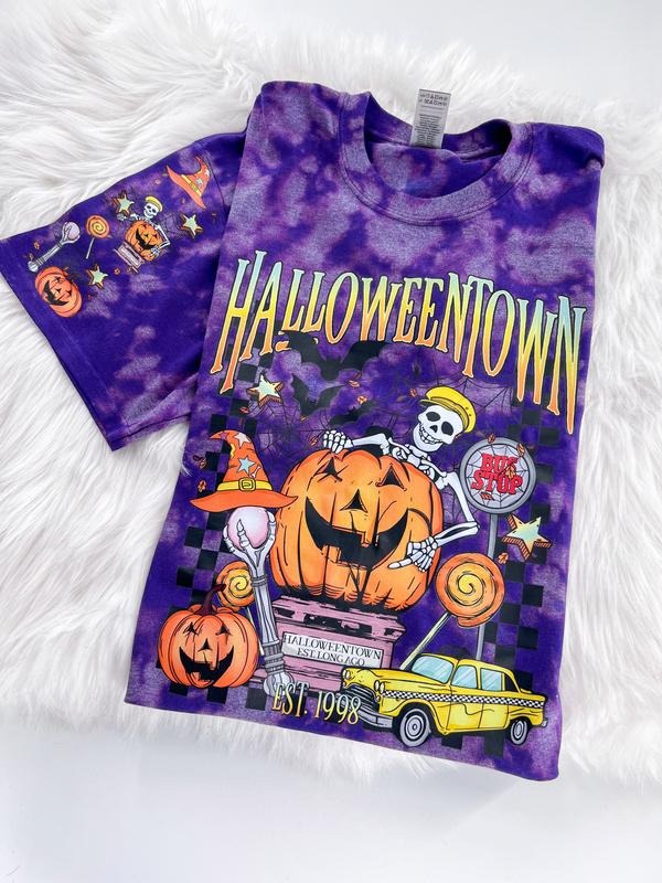Halloween City Skeleton Town Short Sleeve Graphic Tee Unisex with sleeve print T-Shirt Womenswear Crewneck Casual Tshirt...