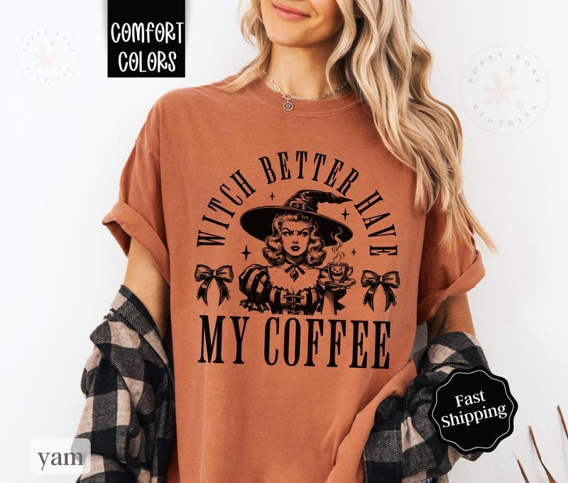 Halloween Coffee Shirt Comfort Colors, Funny Halloween Tshirt for Women,  Spooky Season Shirt Oversized Crewneck Tee...